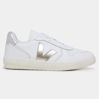 TÊNIS VERT V-10 COURO EXTRA BRANCO DOURADO E PRATA